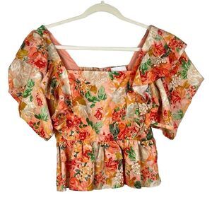 Gilner Farrar Leah Floral Square Neck Square Sleeves Blouse Medium